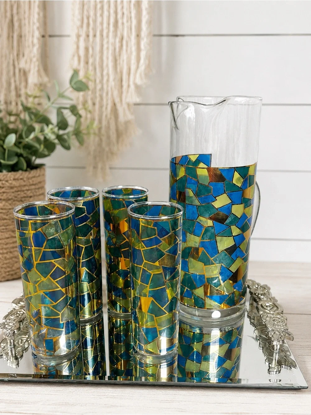Vintage Blue & Gold Mosaic Glass Pitcher & 4 Highball Glasses Barware Set